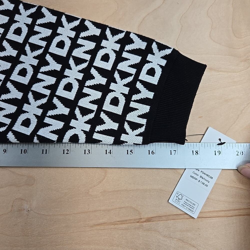 DKNY BLACK/IVORY V-NECK LOGO SWEATER MINI DRESS SIZE 2XL Pockets - Picture 7 of 11